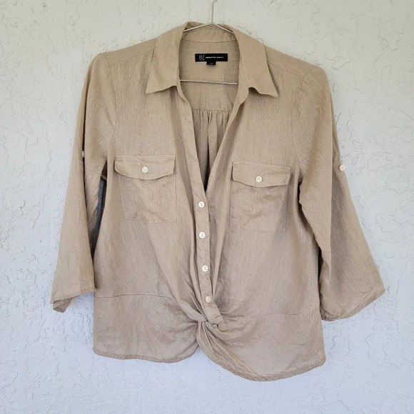 INC Linen Buttondown Cropped Top Womens Size S Tan Brown Twisted Front - Picture 2 of 10